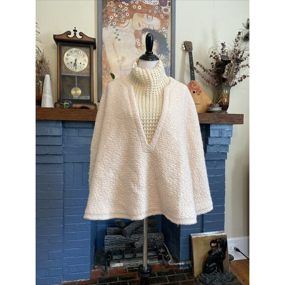 New ANTHROPOLOGIE Textured Sweater Poncho Wool Blend High Neck OS Cream $130 - Picture 2 of 16